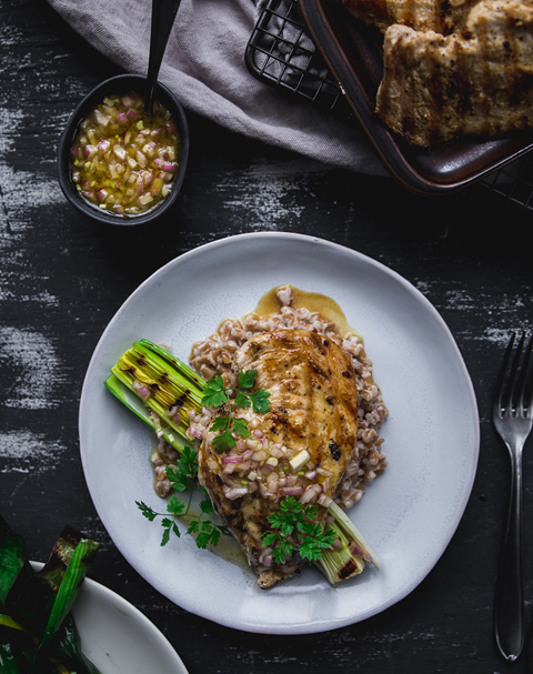 Grillatut kanan fileeleikkeet hiillostetun purjon sipuliöljyn ja speltin kera.jpg